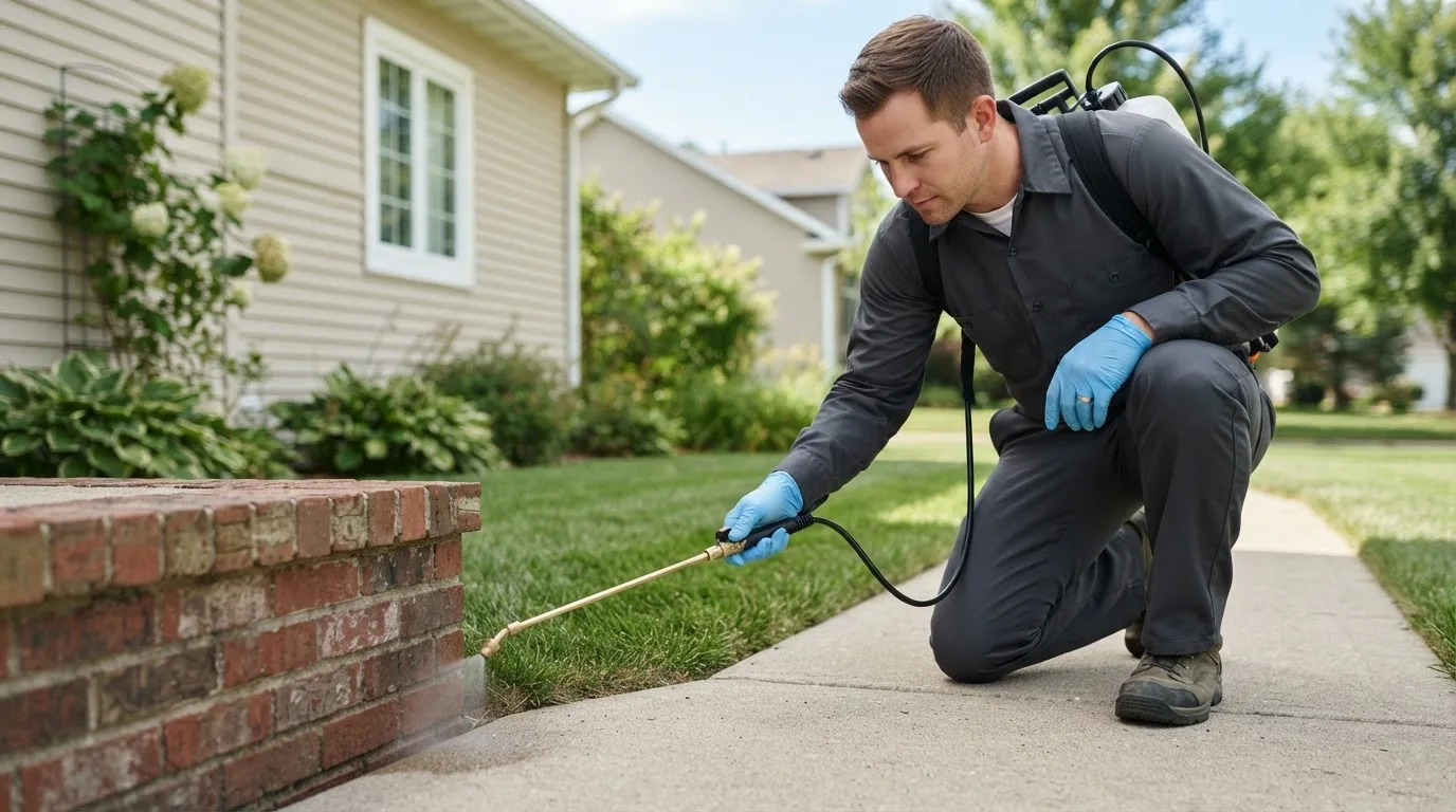 Pest control technician treating a home near Medanales, NM